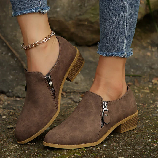 Women's Refined Side Zip Low Heel Ankle Booties for Daily Use Brown