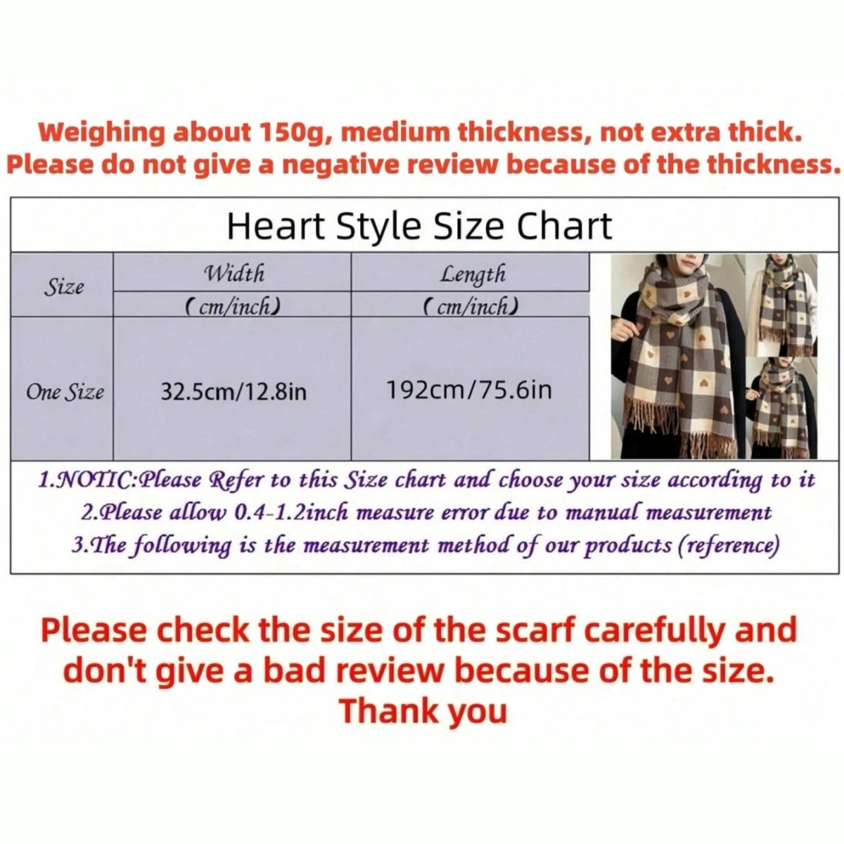 Women's Heart-Shaped Plaid Scarf, Thick Autumn and Winter Shawl