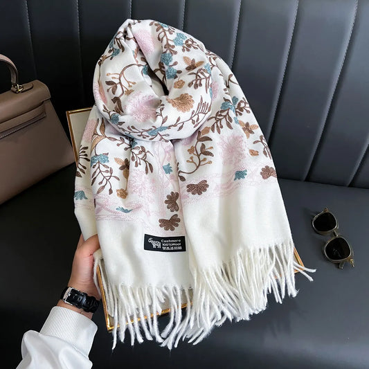 Women's Winter Warm Cashmere Scarf Embroidered Thick Shawl Wrap