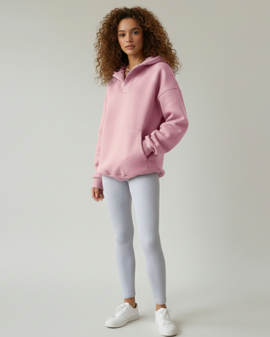 Women's Oversized Drop-Shoulder V-Neck Hoodie with Ribbed Detail Pink