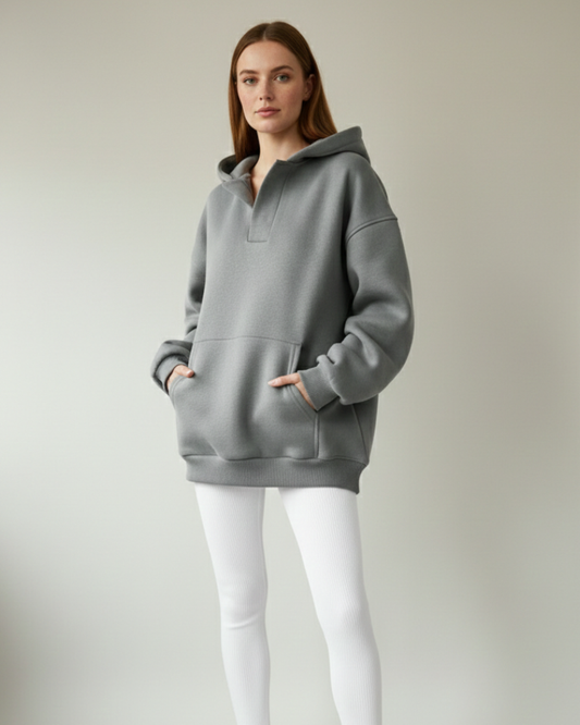 Women's Oversized Drop-Shoulder V-Neck Hoodie with Ribbed Detail Gray