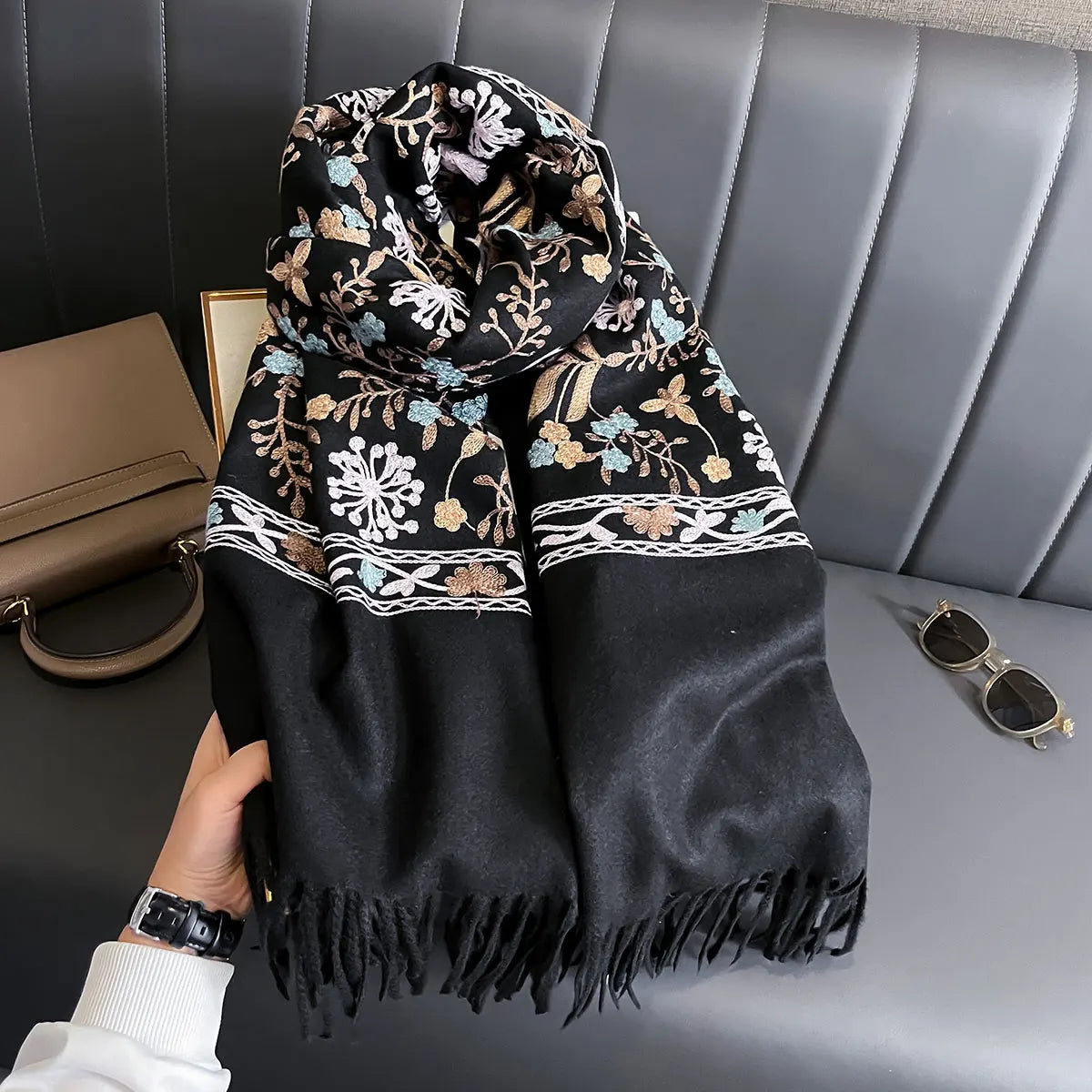 Women's Winter Warm Cashmere Scarf Embroidered Thick Shawl Wrap
