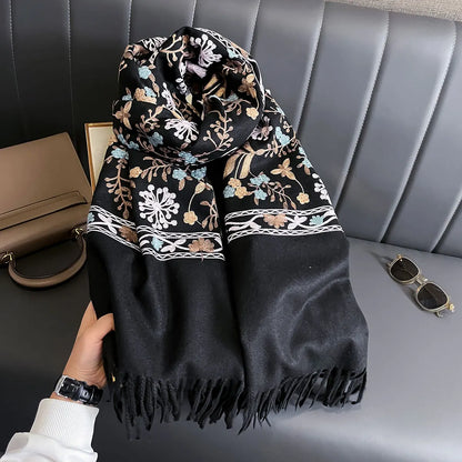 Women's Winter Warm Cashmere Scarf Embroidered Thick Shawl Wrap