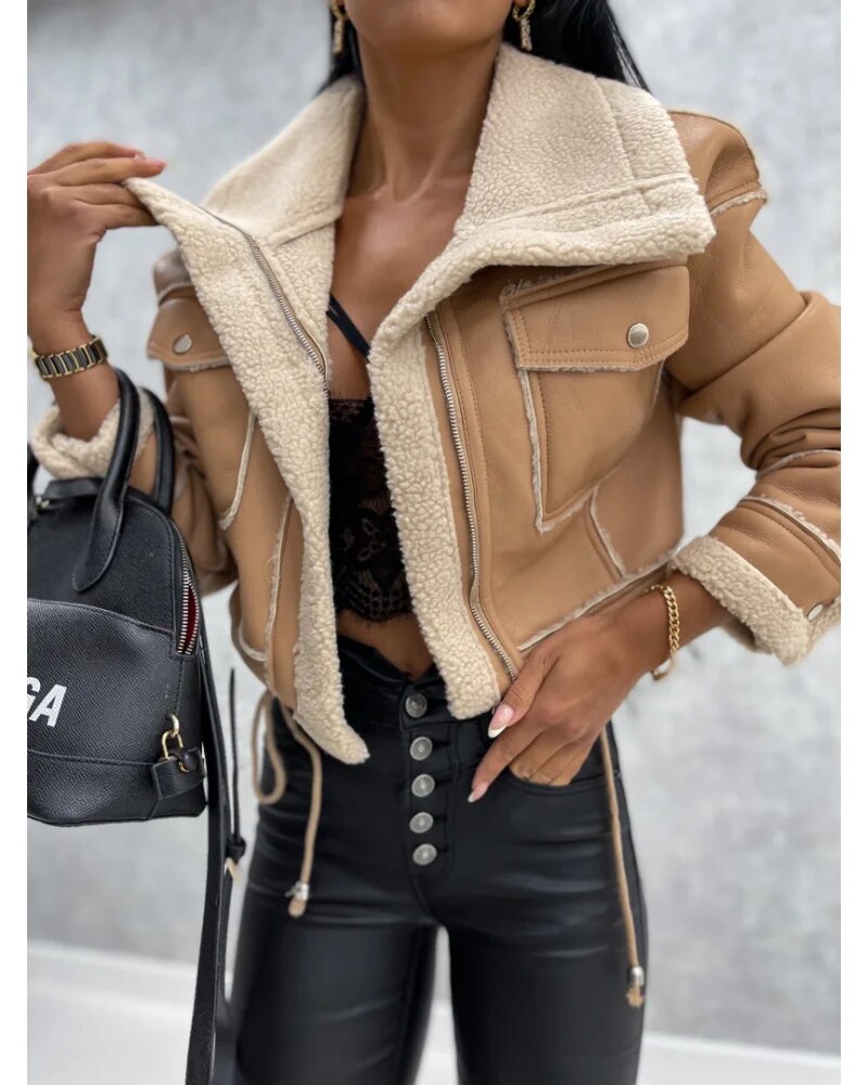 Women's Trendy Cropped Leather Jacket for Daily Use Warm Khaki