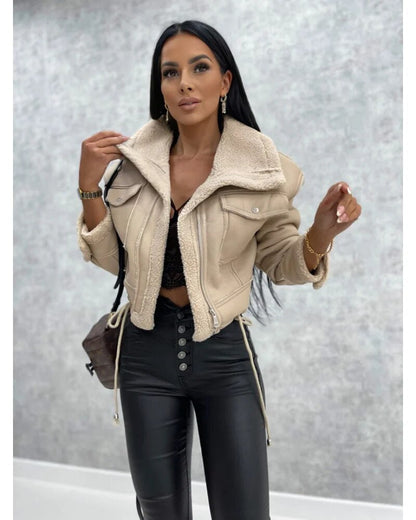Women's Trendy Cropped Leather Jacket for Daily Use Warm Beige