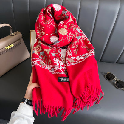 Women's Winter Warm Cashmere Scarf Embroidered Thick Shawl Wrap Red