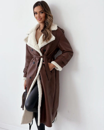 Women's Knee-Length Teddy-Lined Trench Jacket for Daily Use