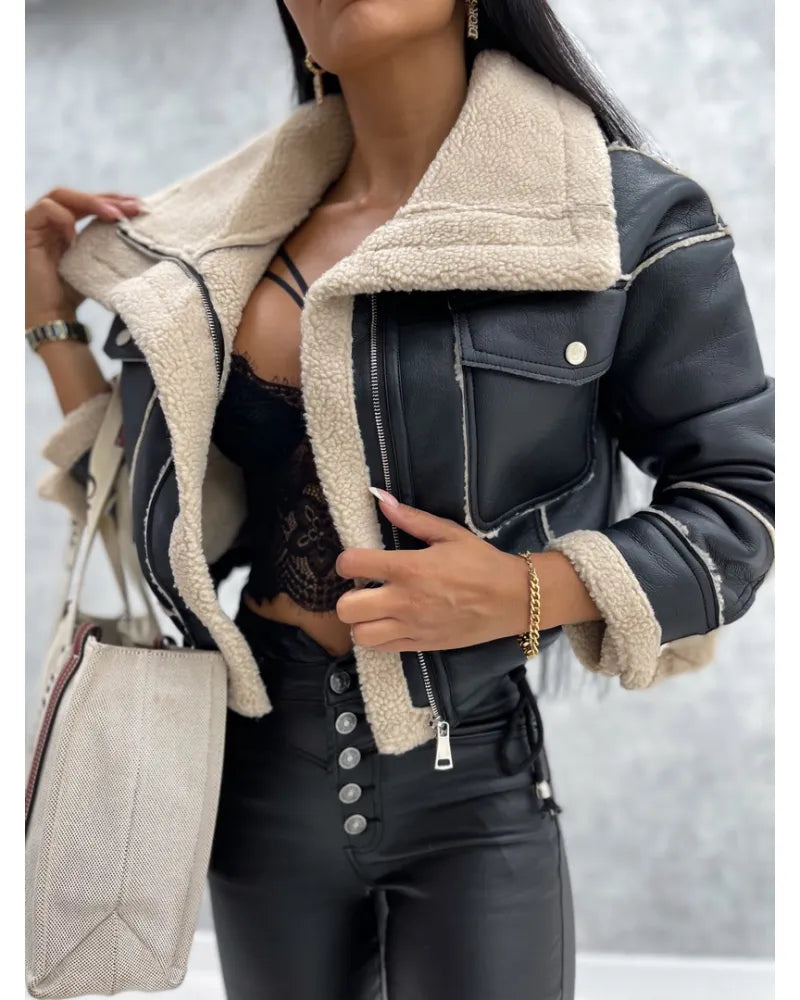 Women's Trendy Cropped Leather Jacket for Daily Use Warm Black