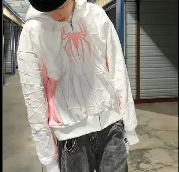 Men's Spider Print Hoodie - Y2K Hip Hop Style Sweatshirt Pink