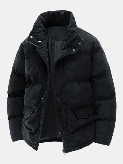 Men's Stylish Corduroy Puffer Coat for Fall and Winter Everyday Wear Black