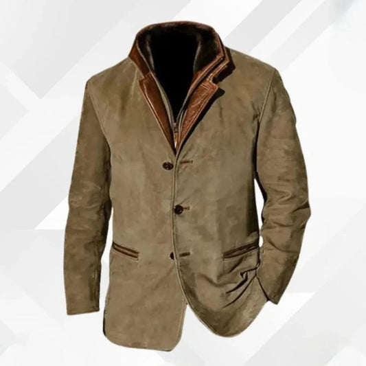 Men's Suede Blazer Jacket with Leather Collar Trim for Daily Use Khaki