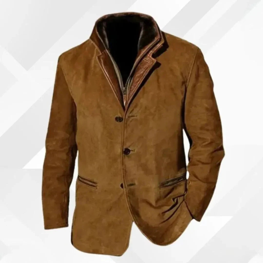 Men's Suede Blazer Jacket with Leather Collar Trim for Daily Use Brown