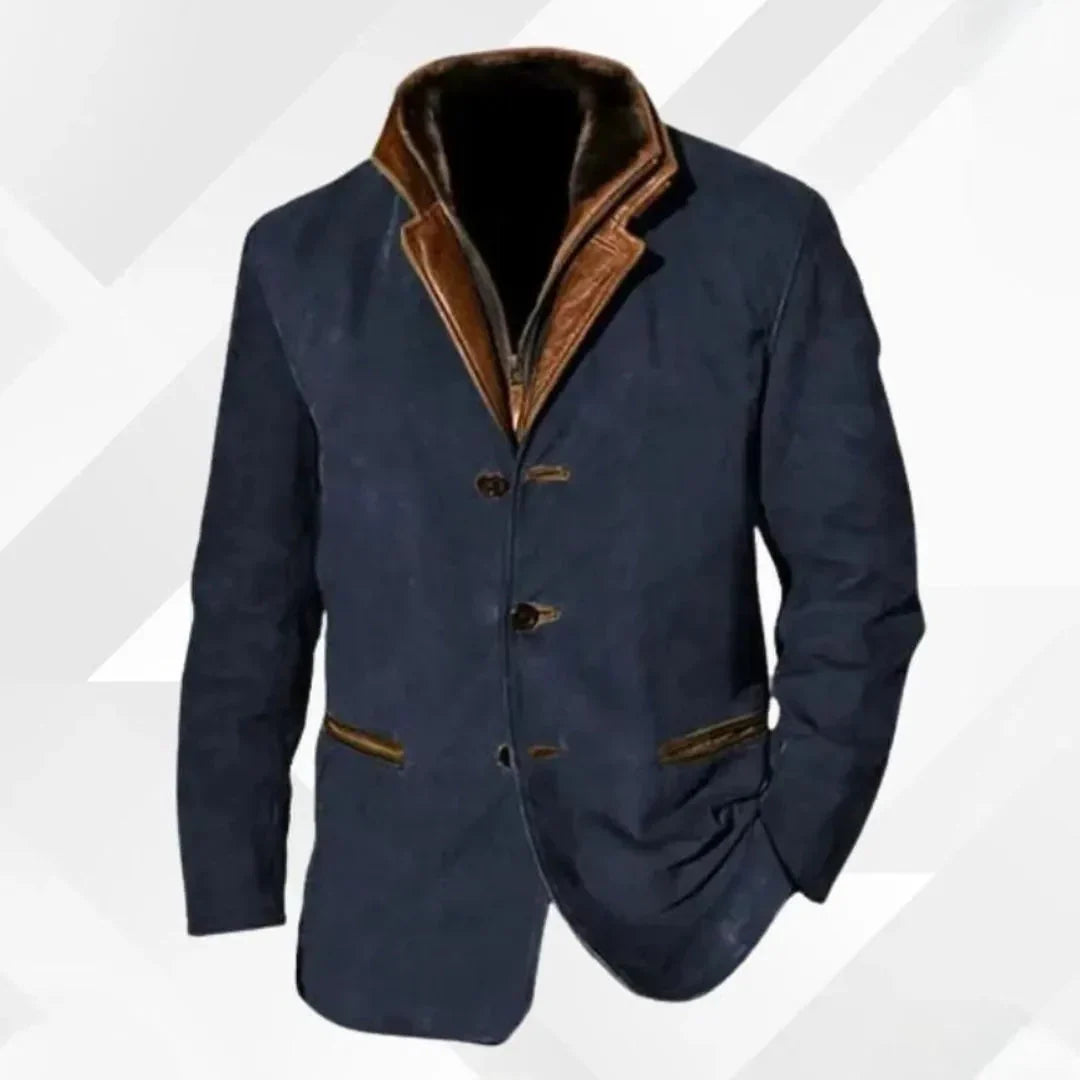 Men's Suede Blazer Jacket with Leather Collar Trim for Daily Use Blue