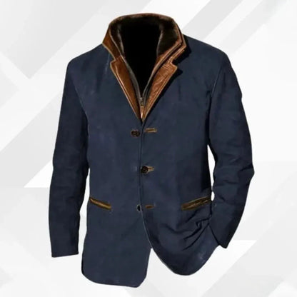 Men's Suede Blazer Jacket with Leather Collar Trim for Daily Use Blue