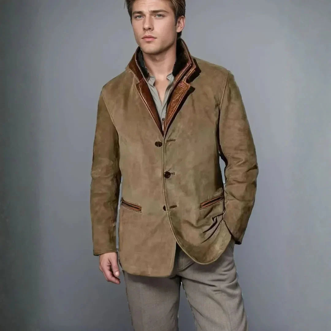 Men's Suede Blazer Jacket with Leather Collar Trim for Daily Use