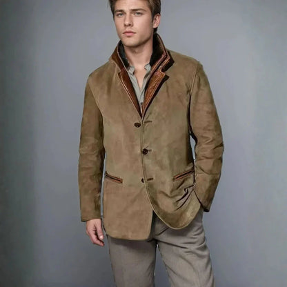 Men's Suede Blazer Jacket with Leather Collar Trim for Daily Use