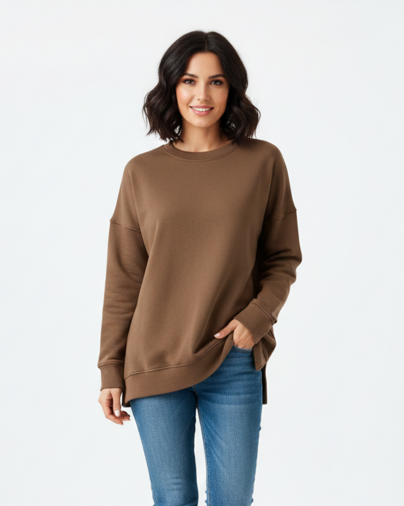 Women's Relaxed Crewneck Sweatshirt with Visible Seams for Daily Use Brown
