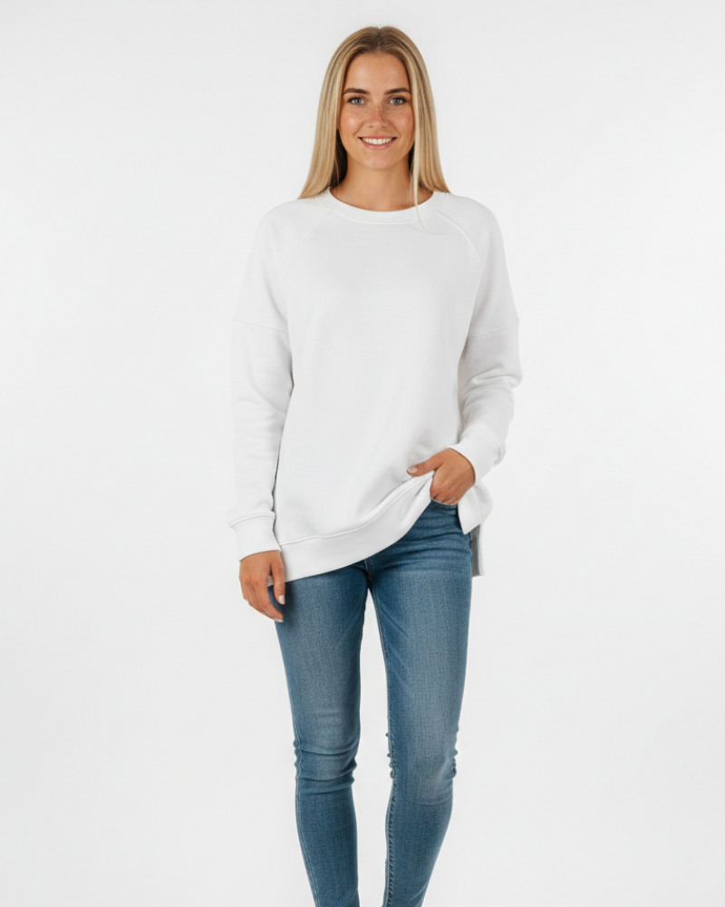 Women's Relaxed Crewneck Sweatshirt with Visible Seams for Daily Use White