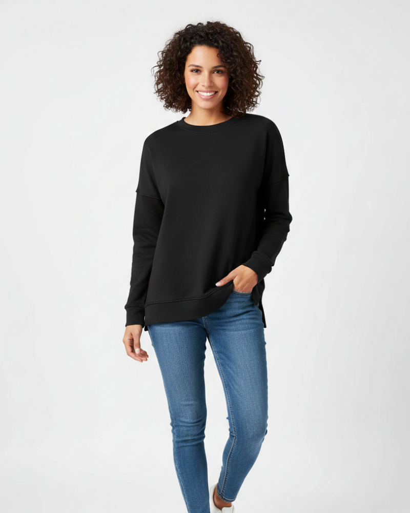 Women's Relaxed Crewneck Sweatshirt with Visible Seams for Daily Use Black
