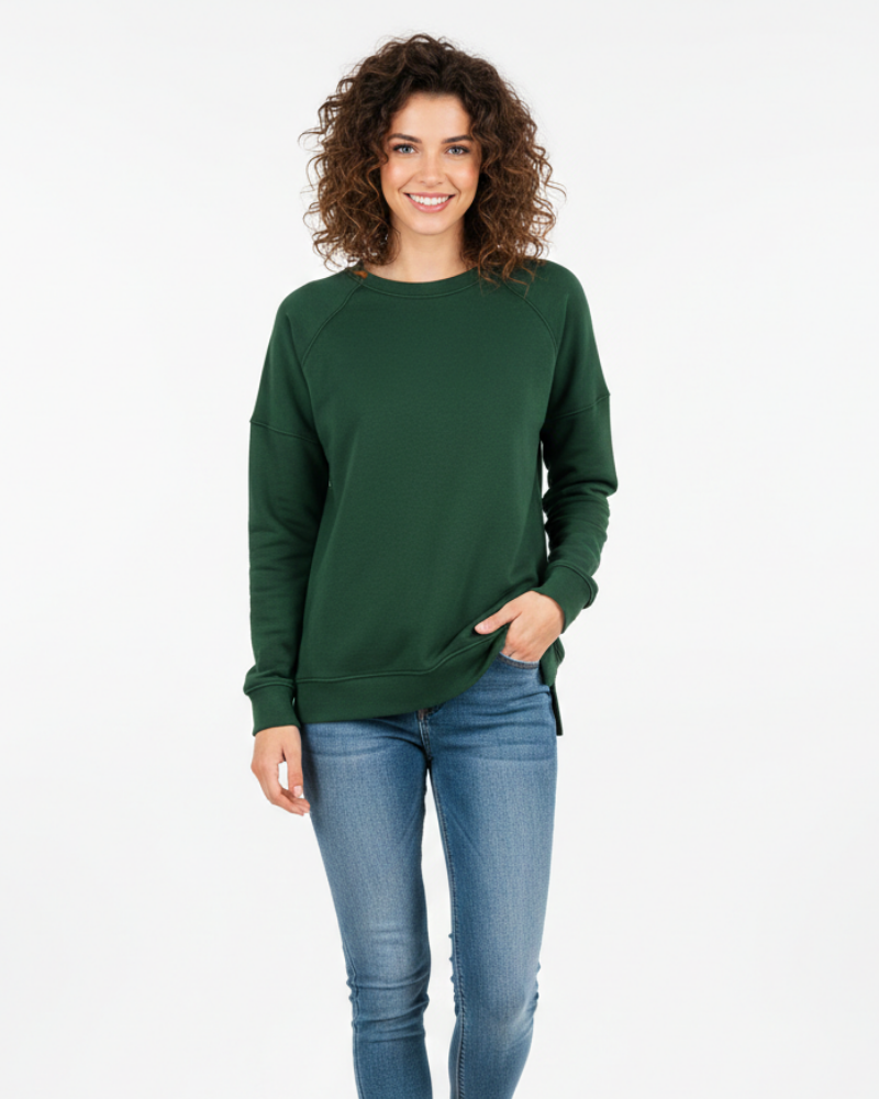 Women's Relaxed Crewneck Sweatshirt with Visible Seams for Daily Use Green