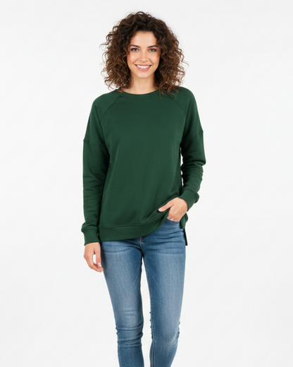 Women's Relaxed Crewneck Sweatshirt with Visible Seams for Daily Use Green