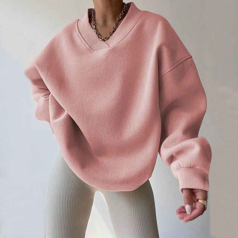 Women's Cozy Oversized V-Neck Fleece Sweatshirt with Ribbed Trim Light Pink