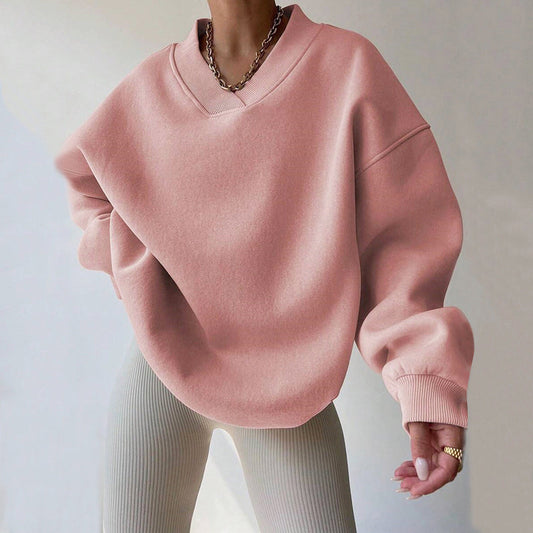 Women's Cozy Oversized V-Neck Fleece Sweatshirt with Ribbed Trim Light Pink