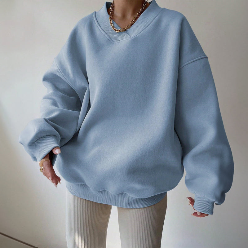 Women's Cozy Oversized V-Neck Fleece Sweatshirt with Ribbed Trim Blue