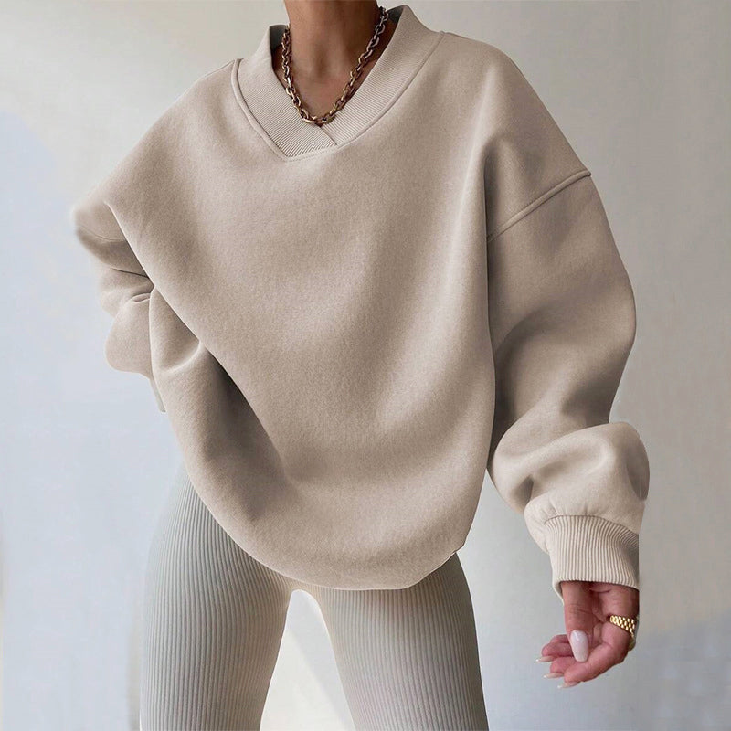Women's Cozy Oversized V-Neck Fleece Sweatshirt with Ribbed Trim Beige