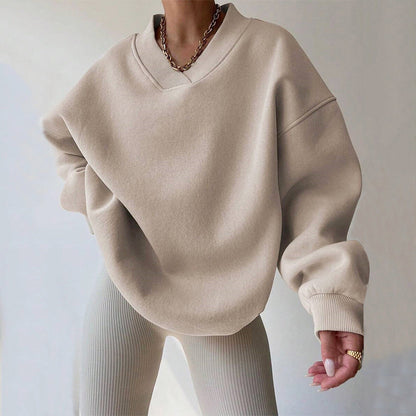 Women's Cozy Oversized V-Neck Fleece Sweatshirt with Ribbed Trim Beige