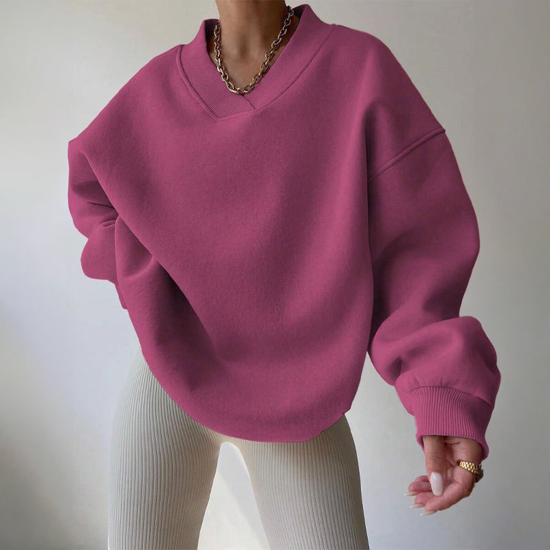 Women's Cozy Oversized V-Neck Fleece Sweatshirt with Ribbed Trim Pink