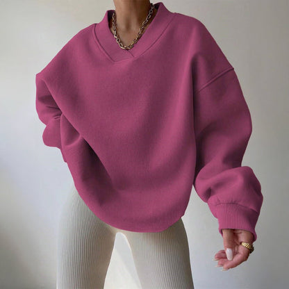 Women's Cozy Oversized V-Neck Fleece Sweatshirt with Ribbed Trim Pink