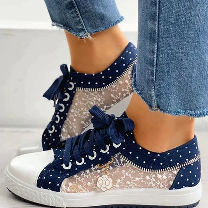 Women's Floral Mesh Lace-Up Casual Comfort Walking Sneakers Blue