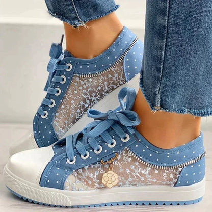 Women's Floral Mesh Lace-Up Casual Comfort Walking Sneakers Sky Blue