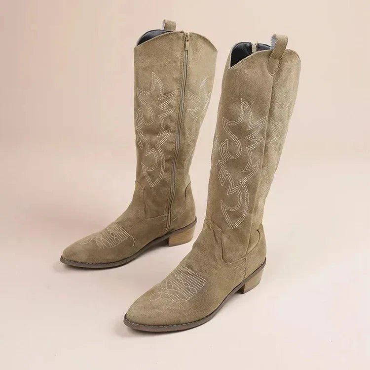 Women's Stylish Pull-On Knee-High Western Boots for Daily Use Khaki