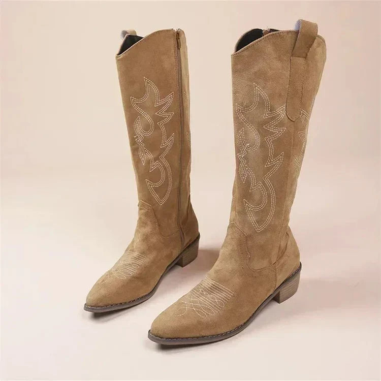 Women's Stylish Pull-On Knee-High Western Boots for Daily Use Brown