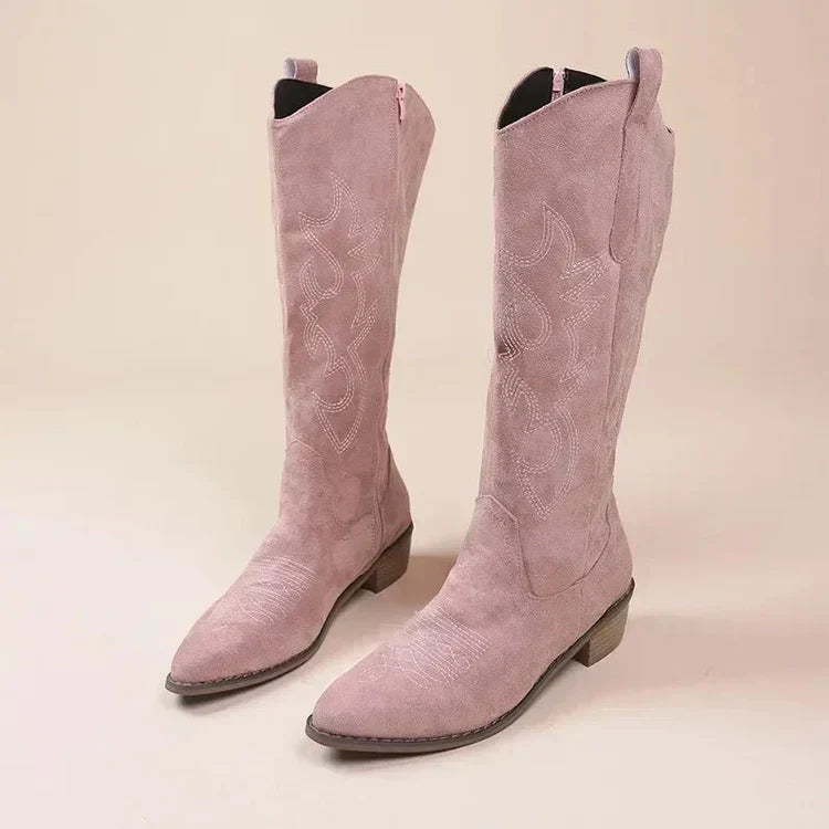 Women's Stylish Pull-On Knee-High Western Boots for Daily Use Pink