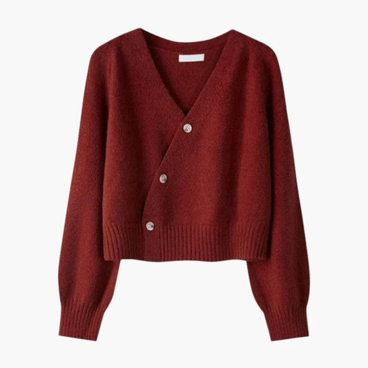 Women's V-Neck Cardigan with Button Front and Long Sleeves Burgundy One size