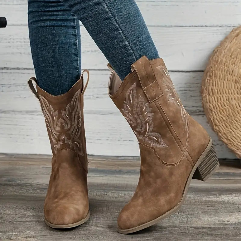 Women's Tan Embroidered Cowboy Boots for Fall and Winter Everyday Wear Camel