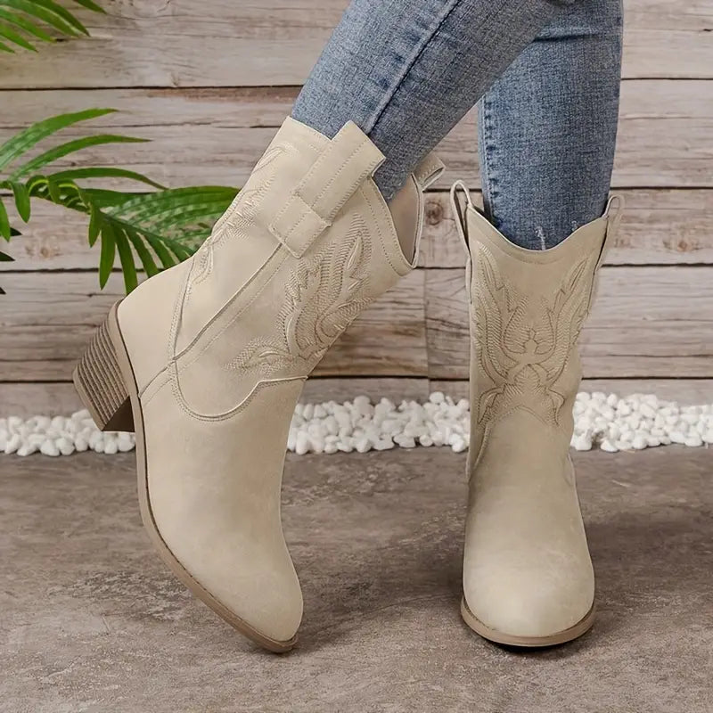 Women's Tan Embroidered Cowboy Boots for Fall and Winter Everyday Wear Beige