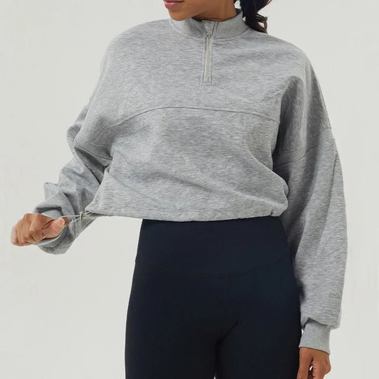 Women's Cropped Oversized Sweatshirt with Zip Closure for Daily Use