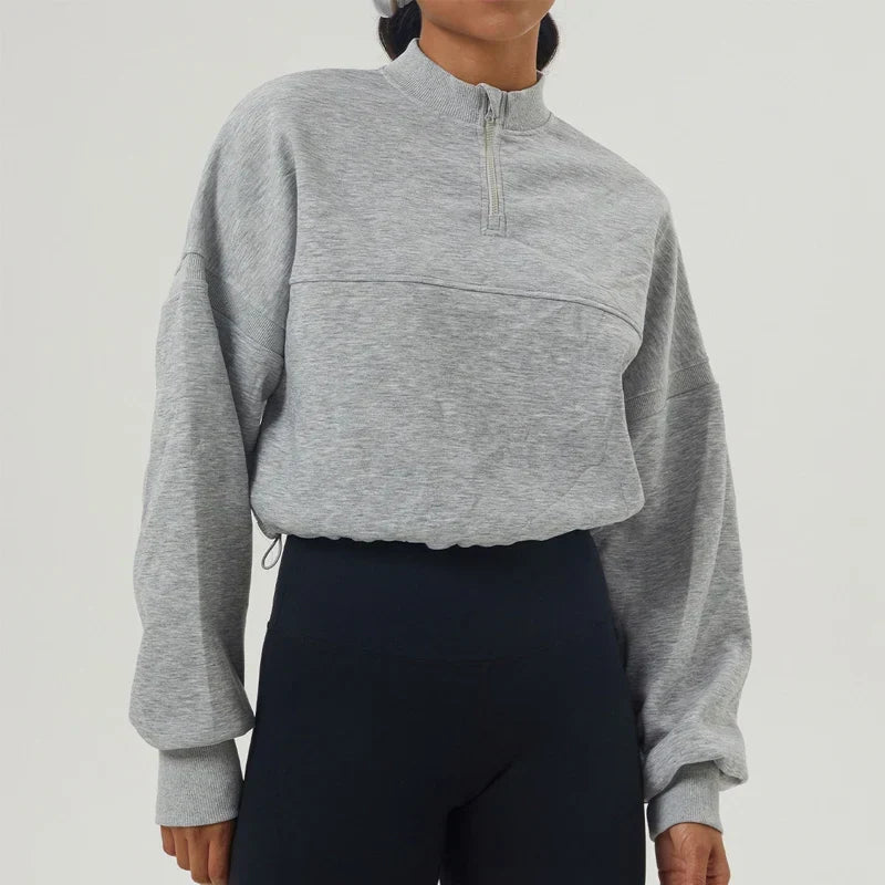 Women's Cropped Oversized Sweatshirt with Zip Closure for Daily Use