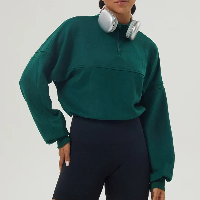 Women's Cropped Oversized Sweatshirt with Zip Closure for Daily Use Green