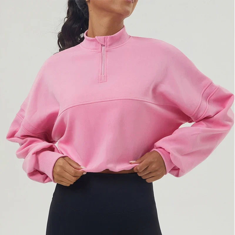 Women's Cropped Oversized Sweatshirt with Zip Closure for Daily Use Pink