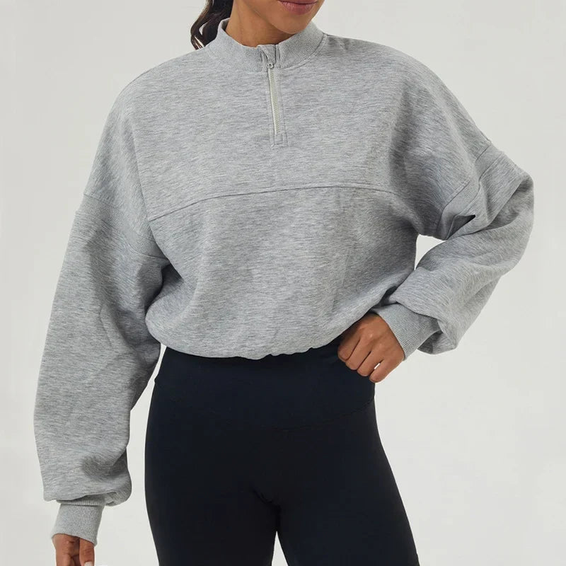 Women's Cropped Oversized Sweatshirt with Zip Closure for Daily Use