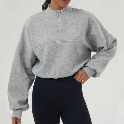 Women's Cropped Oversized Sweatshirt with Zip Closure for Daily Use