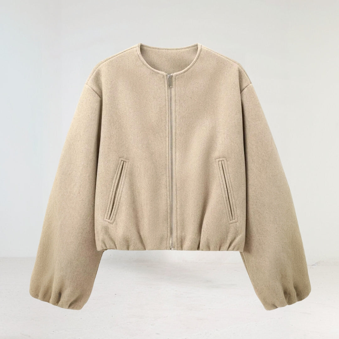 Women's Balloon Sleeve Zip-Up Bomber Jacket for Daily Use Khaki