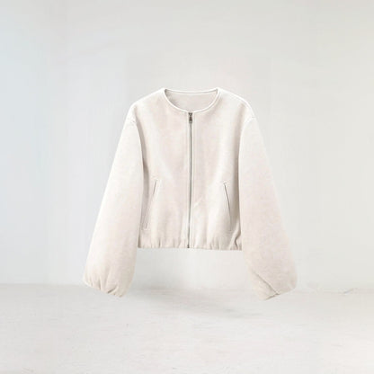 Women's Balloon Sleeve Zip-Up Bomber Jacket for Daily Use Beige
