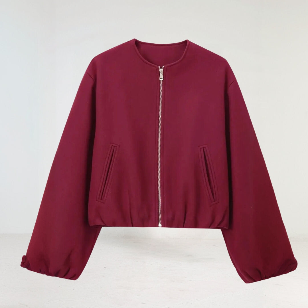 Women's Balloon Sleeve Zip-Up Bomber Jacket for Daily Use Red