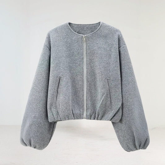Women's Balloon Sleeve Zip-Up Bomber Jacket for Daily Use Gray